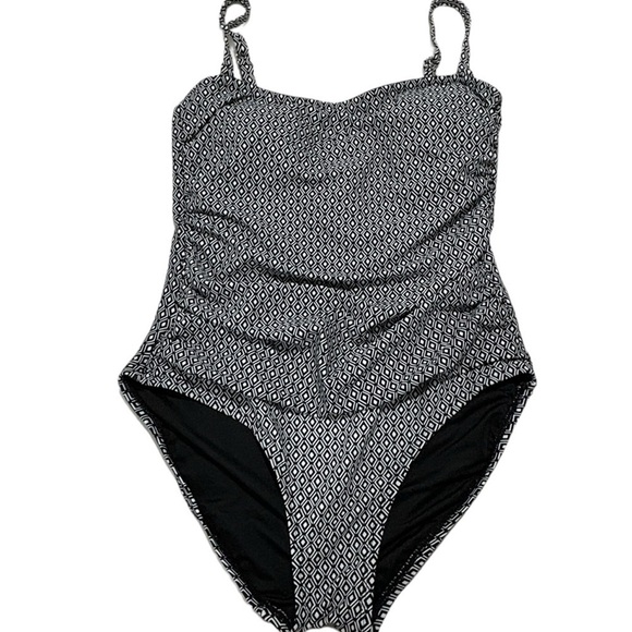 DKNY Bandeau Maillot One Piece Swimsuit Black & White Geometric Print size large - Picture 15 of 15
